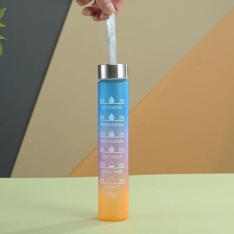 Kit 900ml + 300ml Garrafa de Água Motivacional Academia Caminhada Escola Criança Acompanha Adesivo Alça e Canudo