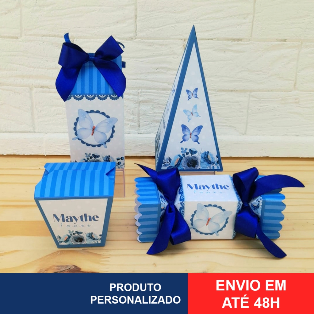 Kit Pegue Monte Personalizados Jardim das Borboletas Azul 20 a 60 Caixinhas Lembrancinha Aniversário
