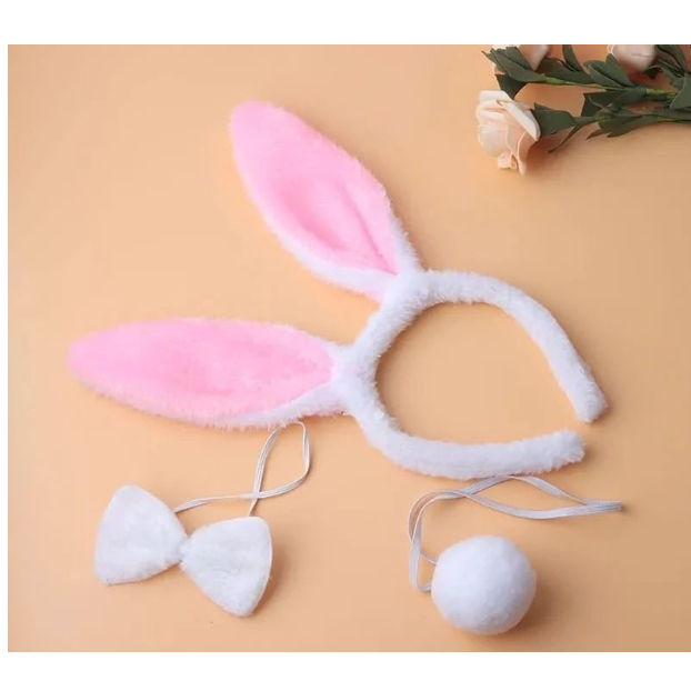 Tiara Coelhinho Com Laço e Rabinho Rosa com branco