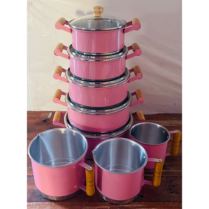 Jogo de Panela 5 Peças Rosa Bebê + 3 Laiteiras de Alumínio Tampas de Vidro(Não Alumínio Batido)