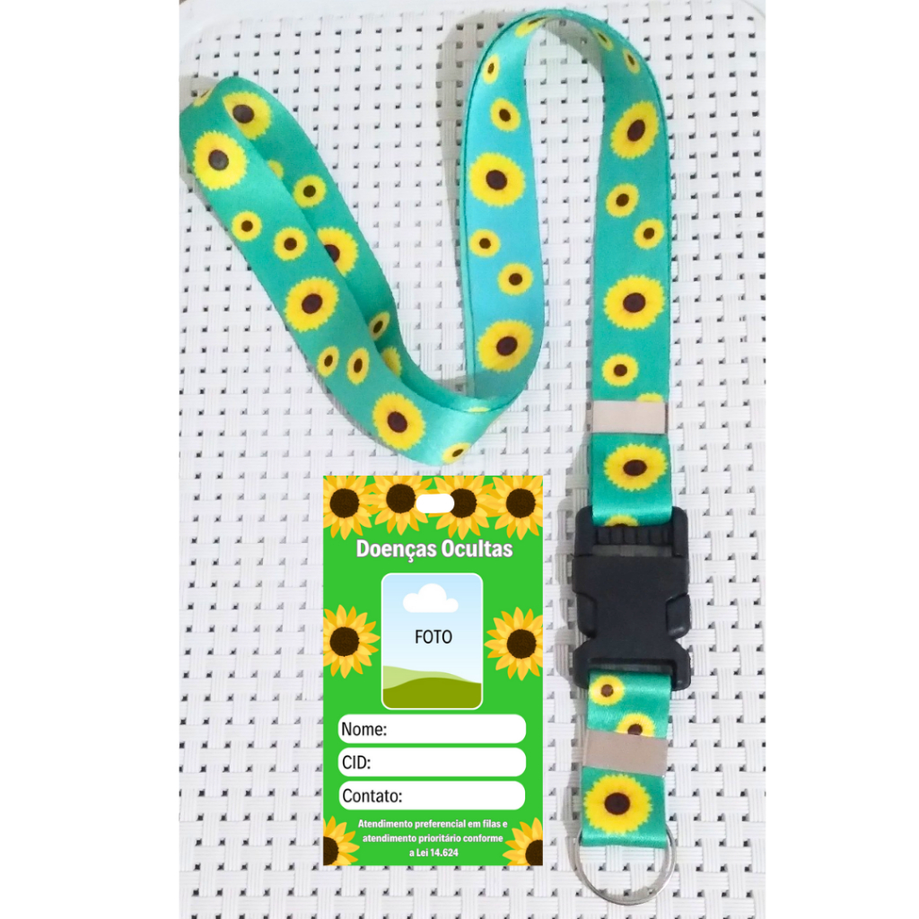 Kit Cordão Pescoço Girassol + Crachá Personalizado identificação Cid Doenças Ocultas