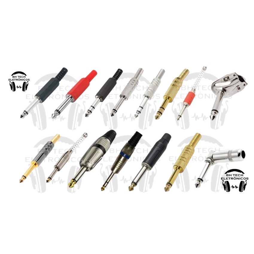 Plug P10 Estéreo/Mono Metal/Plastico Profissional Gold c/ Mola