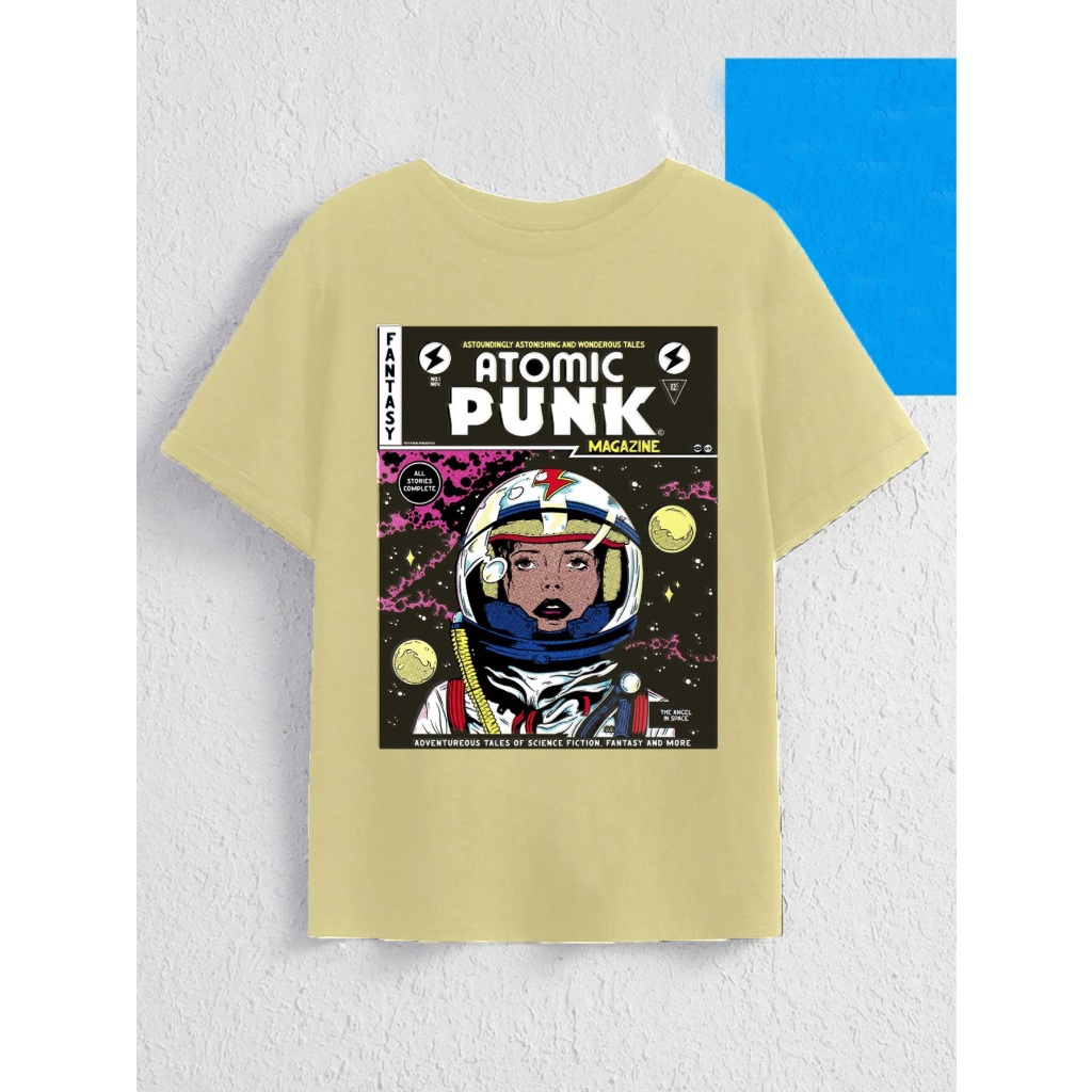 Camiseta Streetwear Oversized Unissex Cor Amarelo Claro Estampa Colorida Espacial Garota Astronauta