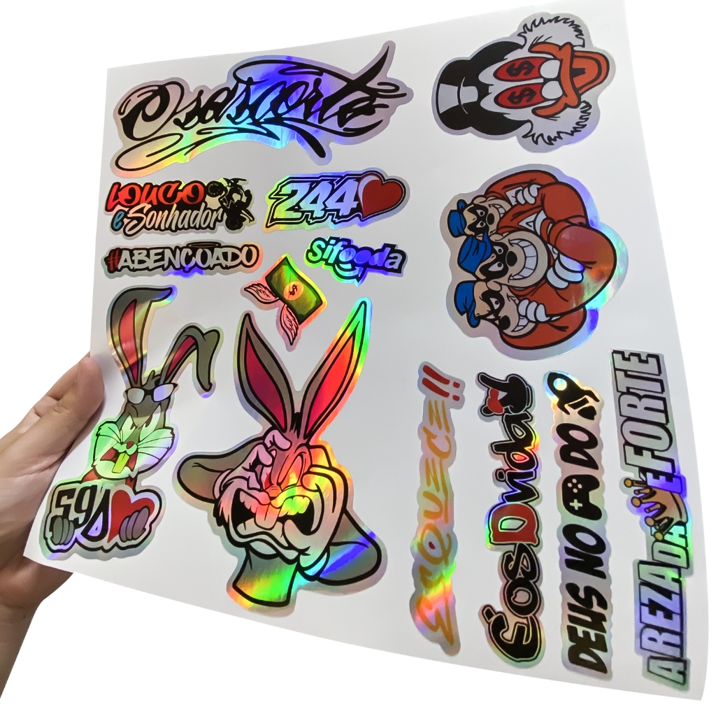 Kit 14 Adesivos Holografico Cartela Pernalonga 244 Abençoado Osascorte Louco e Sonhador Moto Carro · foto 2