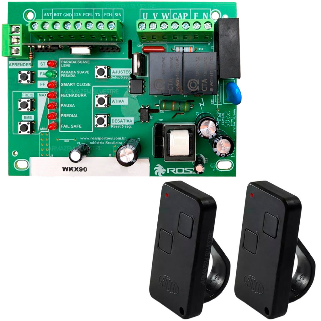 Central Placa de Comando Portão Eletrônico Rossi wkx90 Nkx30 Kx30fs + 2 Controles Preto