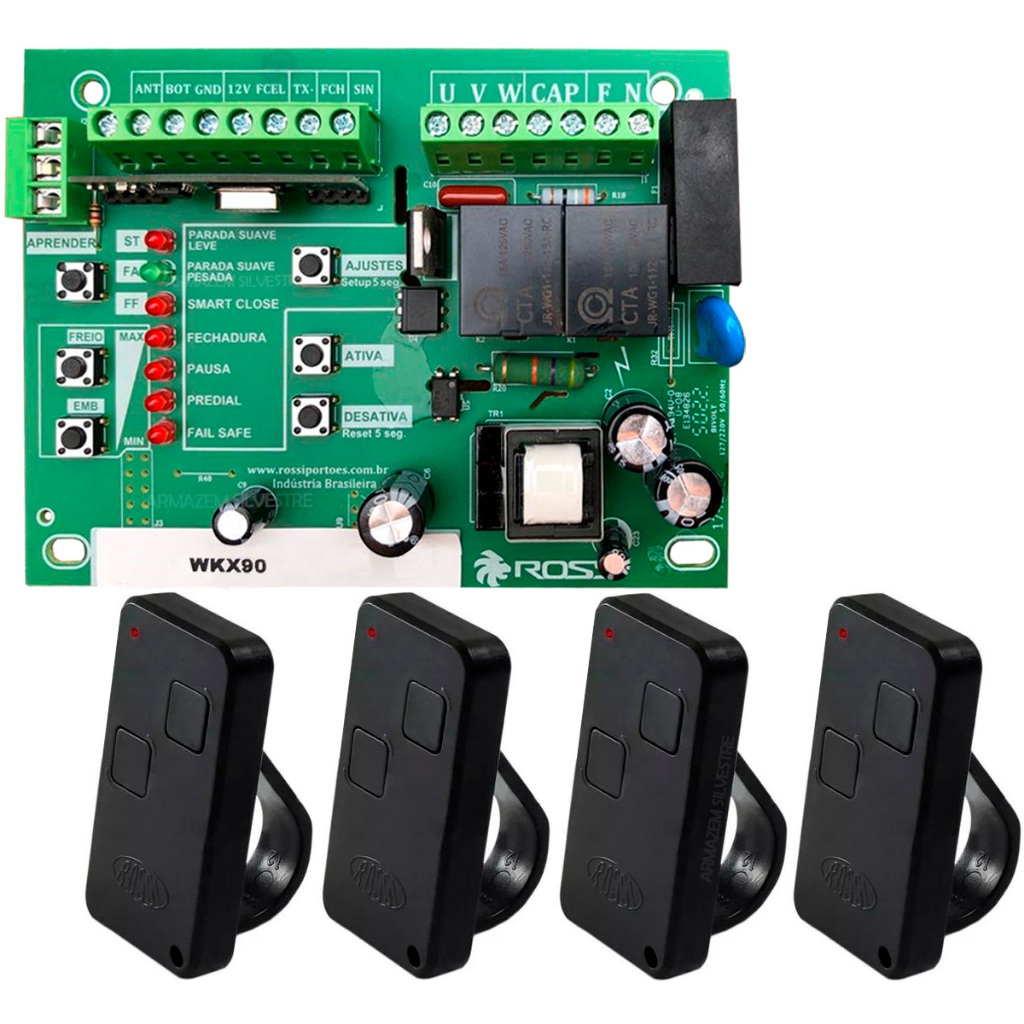 Central Placa Portão Eletronico Rossi WKX90 Nkx30fs Kx30fs + 4 Controles Ntx com Clip de Fixação