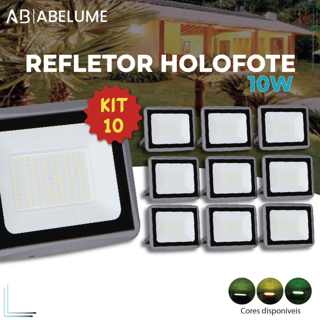 Kit 10 Refletor LED Holofote 10W Bivolt A Prova D'agua Luz Branca/Amarela/Verde CG 110-220V em Oferta na Shopee