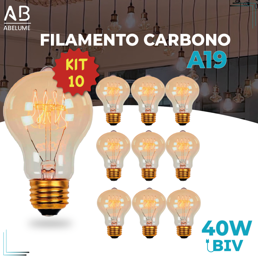 Kit 10 Lâmpada Filamento Carbono A19 40W E27 LUZ QUENTE (AMARELO) Âmbar 110V~220