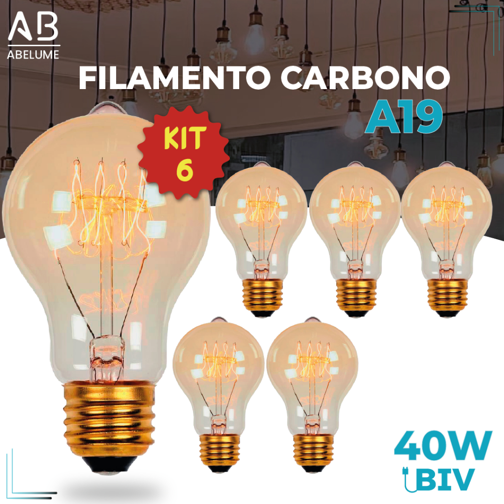 Kit 6 Lâmpada Filamento Carbono A19 40W E27 LUZ QUENTE (AMARELO) Âmbar 110V~220V em Oferta na Shopee