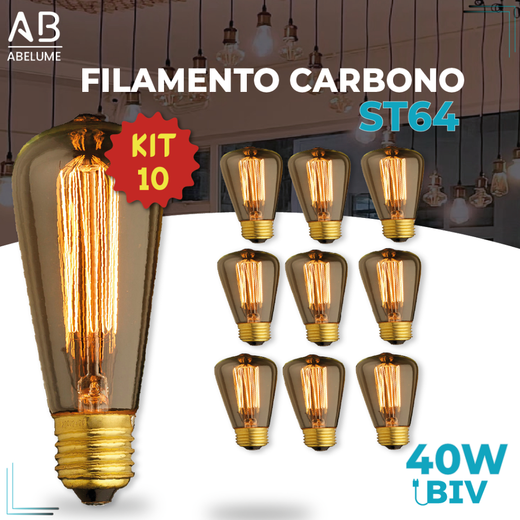 Kit 10 Lâmpada Filamento Carbono ST64 40W E27 LUZ QUENTE (AMARELO) Âmbar 110V~220V em Oferta na Shopee