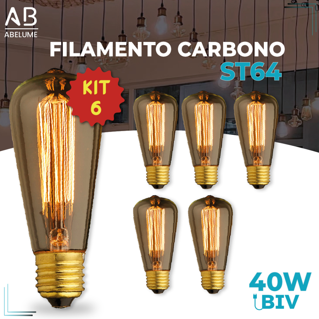 Kit 6 Lâmpada Filamento Carbono ST64 40W E27 LUZ QUENTE (AMARELO) Âmbar 110V~220V em Oferta na Shopee