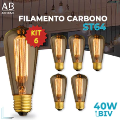 Kit 6 Lâmpada Filamento Carbono ST64 40W E27 LUZ QUENTE (AMARELO) Âmbar 110V~220V