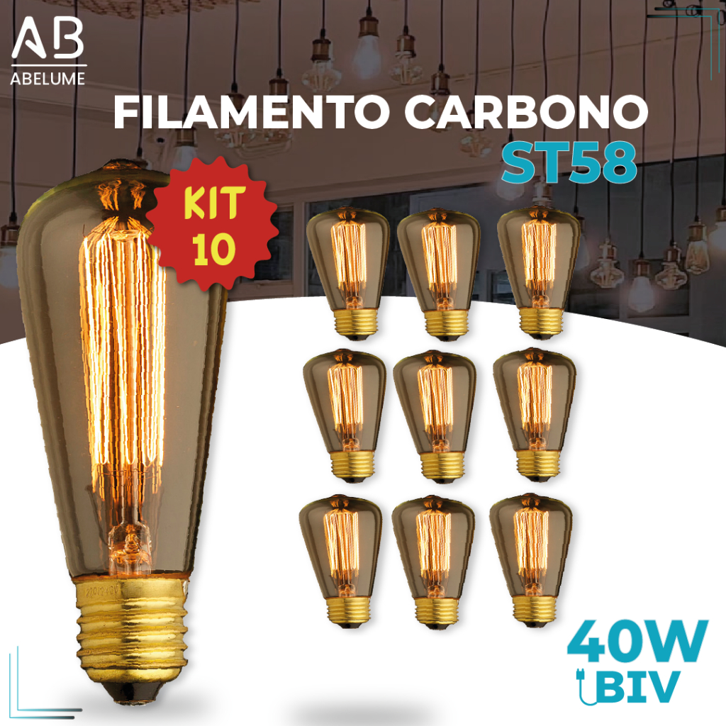 Kit 10 Lâmpada Filamento Carbono ST58 40W E27 LUZ QUENTE (AMARELO) Âmbar 110V~220V em Oferta na Shopee