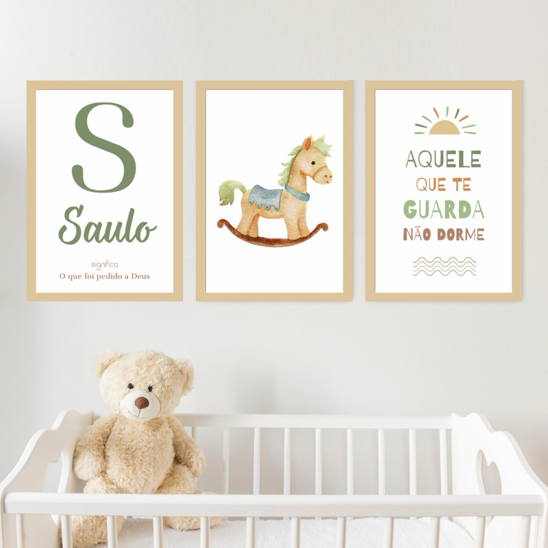Kit 3 Quadros Decorativos Infantil Personalizado Nome Bebê Para Quarto Ou Porta Maternidade Cavalinho