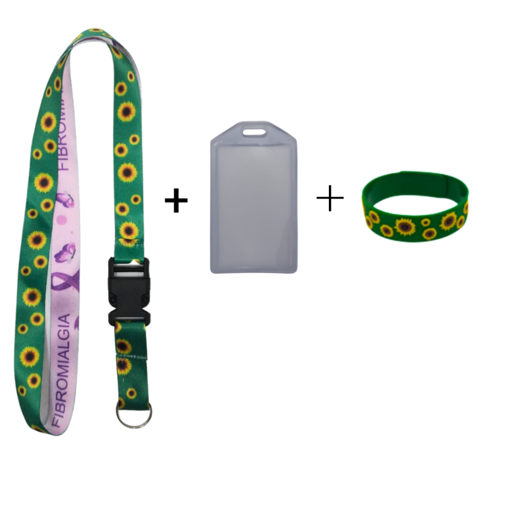 Kit Cordão Pescoço fecho engate rápido Fibromialgia + Porta Crachá Maleável + Pulseira Silicone Girassol em Oferta na Shopee