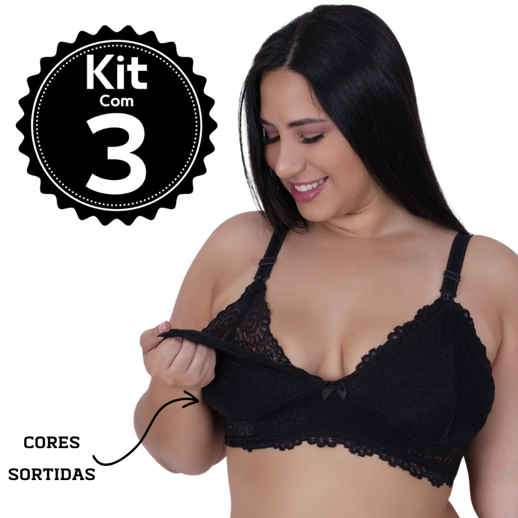 kit 3 Sutiã Amamentação Plus Size Reforçado Renda Gestante Top Maternidade