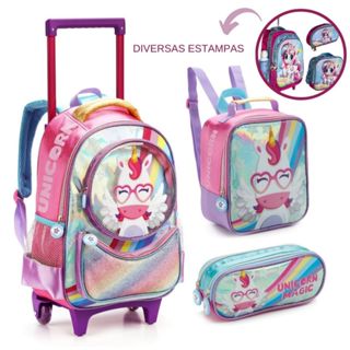 Kit Mochila Infantil Escolar Rodinha Unicórnio Feminina Impermeável