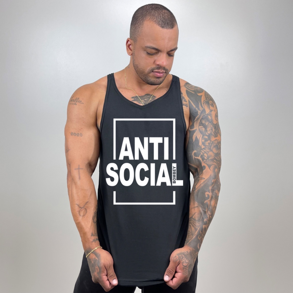 Regata Masculina Cavada em Algodão para Academia Bombey - Anti Social em Oferta na Shopee