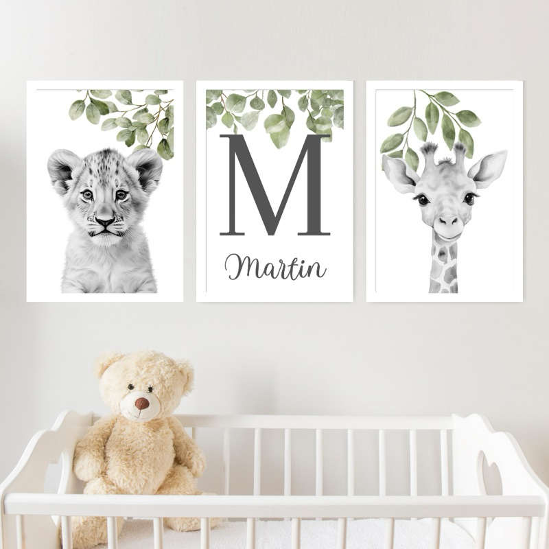 Kit 3 Quadros Decorativos Infantil Personalizado Nome Bebê Para Quarto Ou Porta Maternidade Folhas