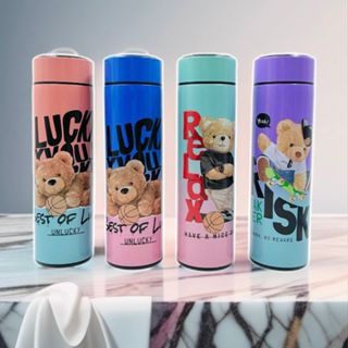 Garrafa Térmica Em Aço Inox Com Termômetro Digital 500ml Led Desenhos Ursos Fofa Infantil Quente e Frio