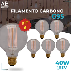 Kit 6 Lâmpada Filamento Carbono G95 40W E27 LUZ QUENTE (AMARELO) Âmbar 110V~220V