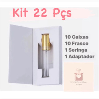 Porta Perfume Frasco Vidro (KiT 22Pçs) Recarregavel Portatil Spray 10ml Tampa Dourada com Caixa Branca e Seringa com Adaptador para Fracionar (Viagem)