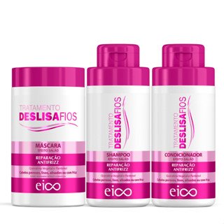 Kit Eico Deslisa Fios Shampoo Sem Sal e Condicionador Leave-in 450ml + Máscara Tratamento Hidratação Creme Capilar