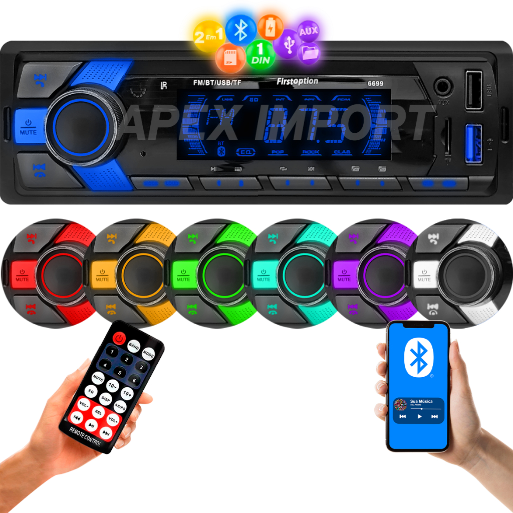 Som Automotivo Rádio Bluetooth 7 cores 200W Pen Drive Cartão SD USB & Aux RGB 6699
