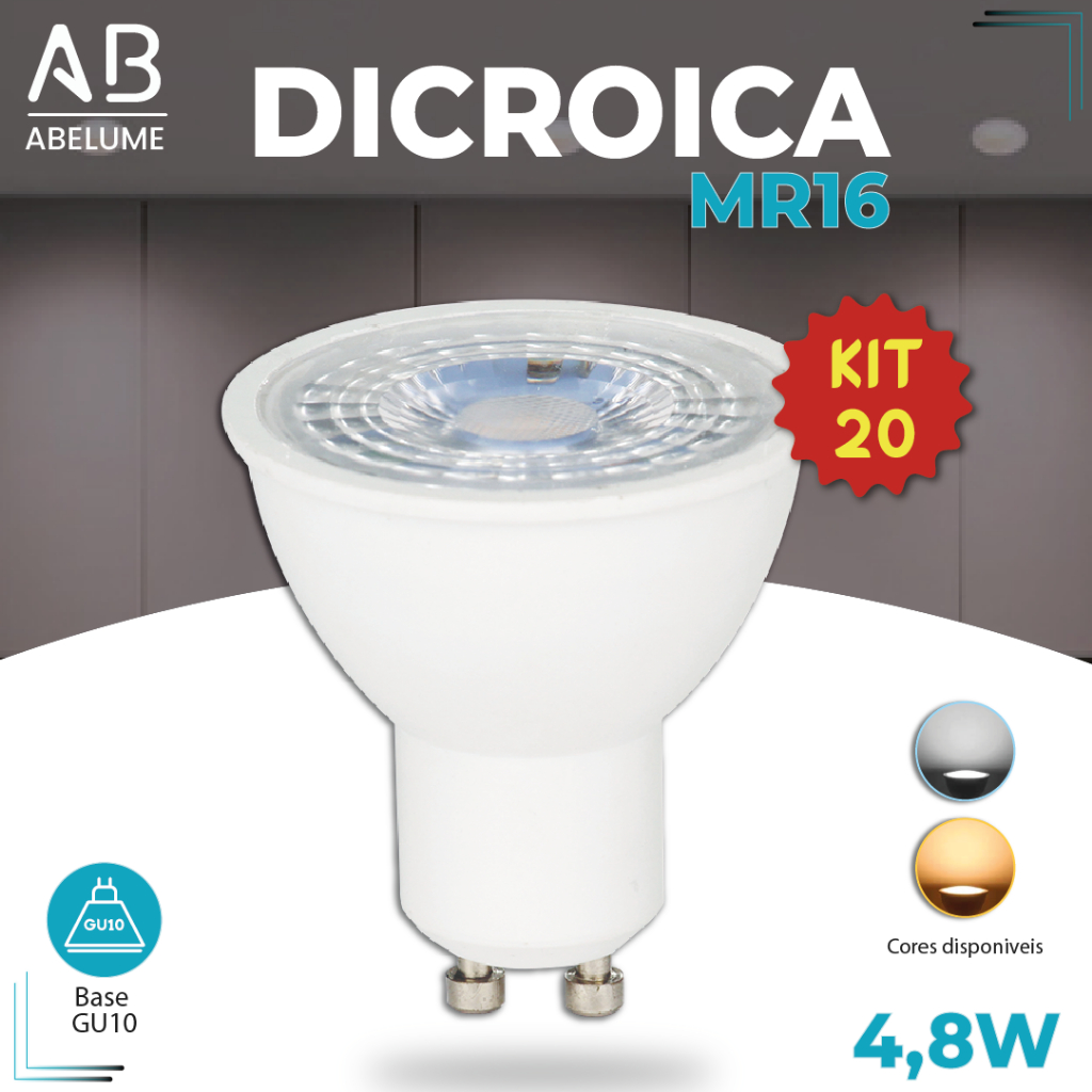 Kit 20 Lâmpada Led Dicroica Gu10 Mr16 4,8w Bivolt Luz Branca/Amarela