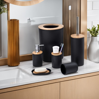 Kit Acessórios Para Banheiro 6 Peças Conjunto de Lavabo Completo Design Moderno em Bambu e Plástico