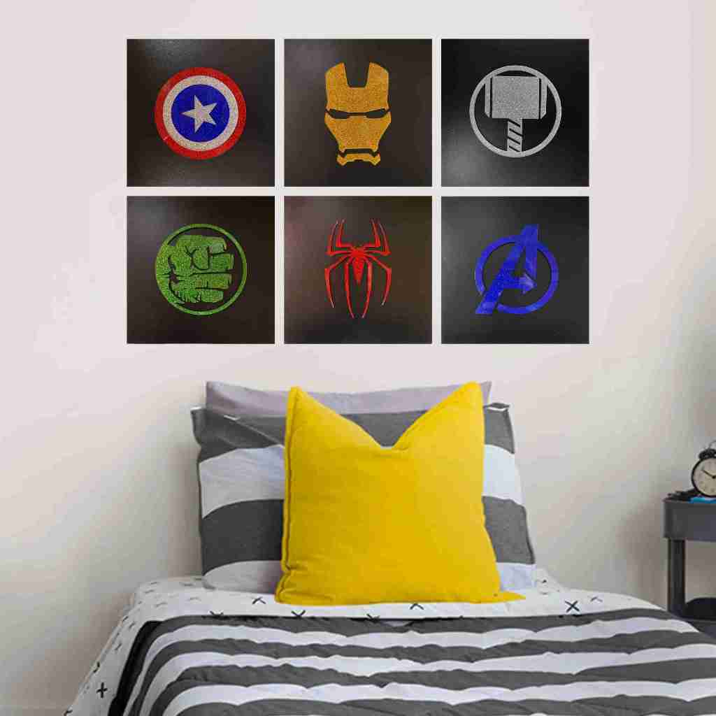 Kit 6 Quadros Heróis Marvel MDF Preto 6mm - Marvel, Vingadores, Avengers, Homem Aranha, Homem de Ferro, Hulk, Thor, Capitão América