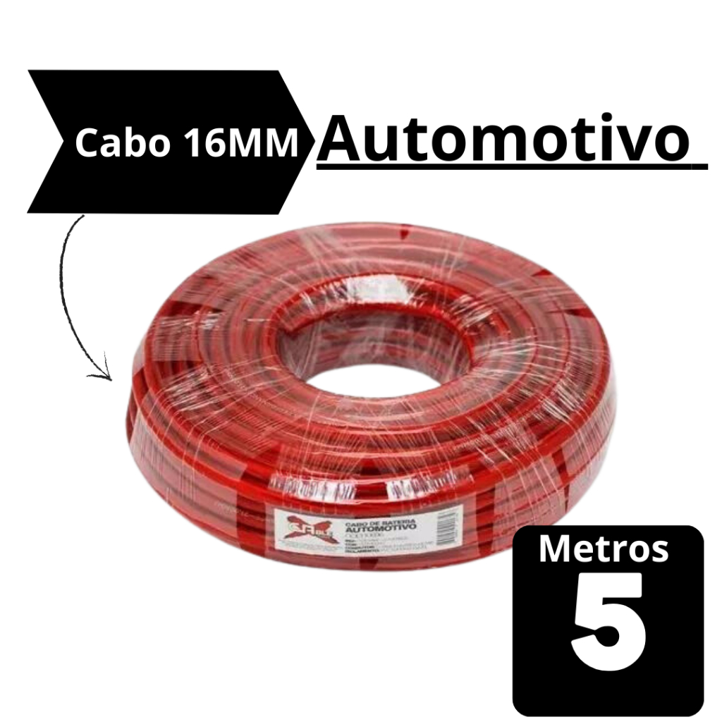 Cabo Fio De Bateria 16mm 5mts Som Automotivo Rolo 5 Metros