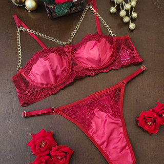 Conjunto Lingerie com Corrente Dourada Sem Bojo e com Aro Calcinha Sensual Sutiã Confortavel Soutien Meia Taça Lingeries Preta e Vermelha Com Calcinhas Fio Dental