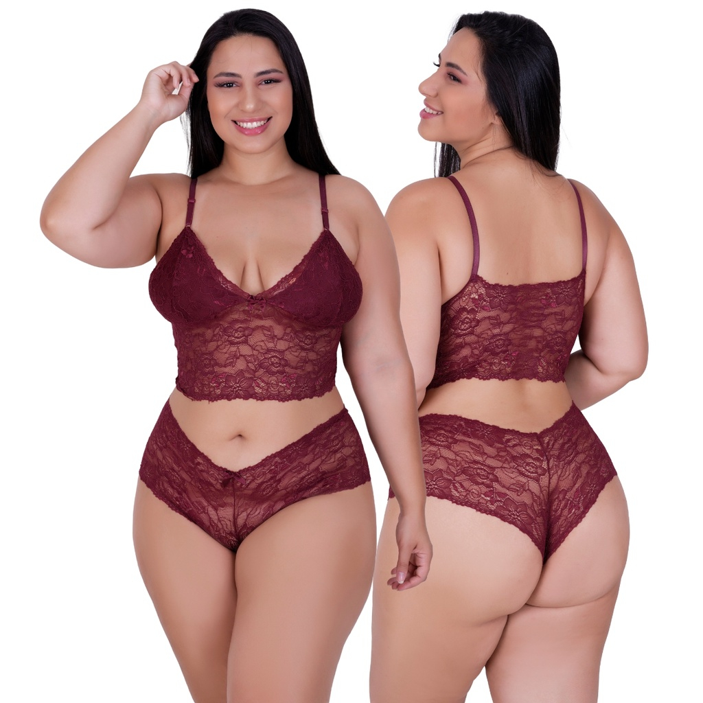 Conjunto Lingerie Plus Size De Renda Espera Marido Cropped e Calcinha Short Sexy