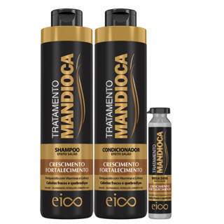 Eico Tratamento Mandioca Shampoo Hidratação 800ml e Condicionador Leave-in 750ml + Ampola Fortalecimento Crescimento