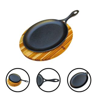 Frigideira Oval de Ferro Fundido com Suporte de Madeira Para Mesa Posta Servir e Preparar Porção em Oferta na Shopee