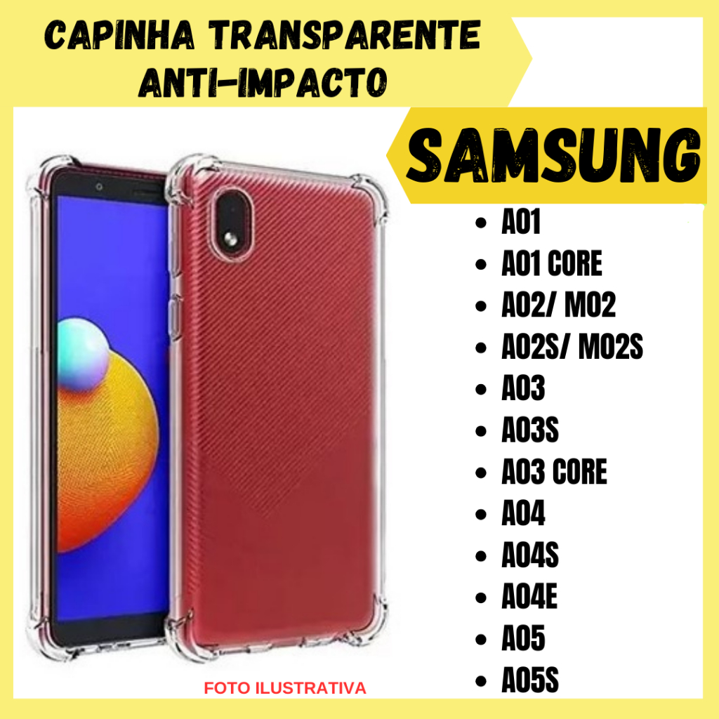 Capinha Transparente Anti Impacto Samsung A01/ A01 Core / A02 / A02s / A03 / A03s / A03 Core / A04 / A04s / A04E / A05 / A05s / Capa para celular (CF09)