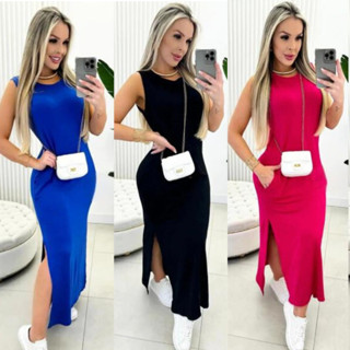 Vestido Midi Regata Longo Feminino Viscolycra com Bolso e Fenda Lateral Colorido Verão Regatinha