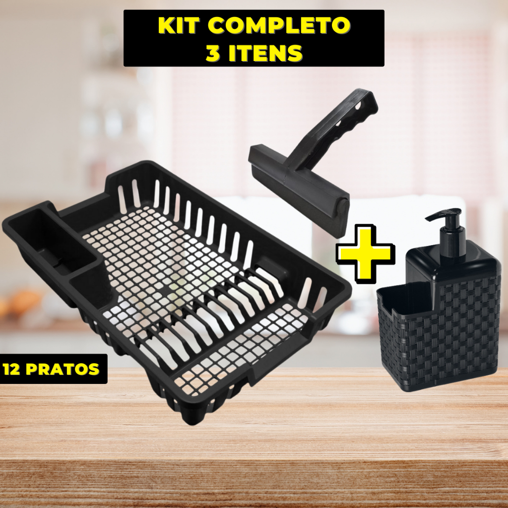 Escorredor de Louças 12 Pratos Cozinha Plástico Preto Escorredor Louça Copos Talheres