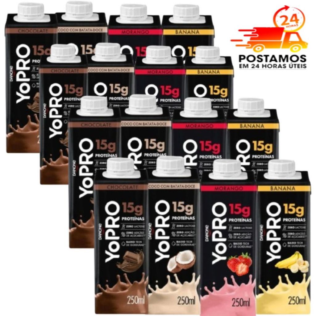 Pack 16 unidades YoPRO bebida láctea UHT 250ml Danone - 15g de proteína Sabores Misto ou Unico