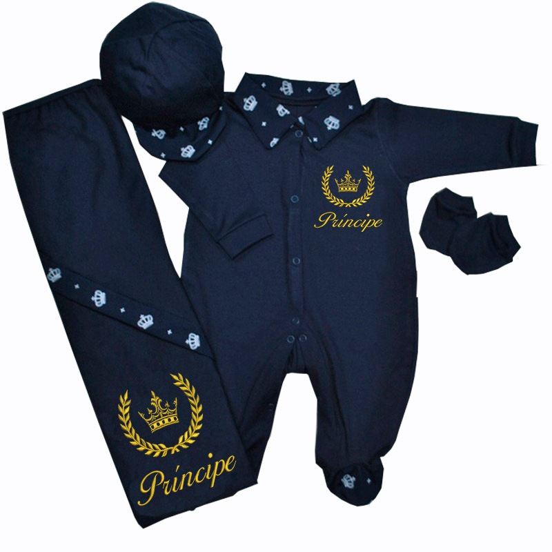 Saída Maternidade Bebê Menino Coroa Príncipe 04 Peças 100% Algodão em Oferta na Shopee