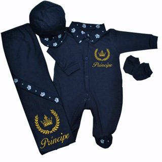 Saída Maternidade Bebê Menino Coroa Príncipe 04 Peças 100% Algodão em Oferta na Shopee
