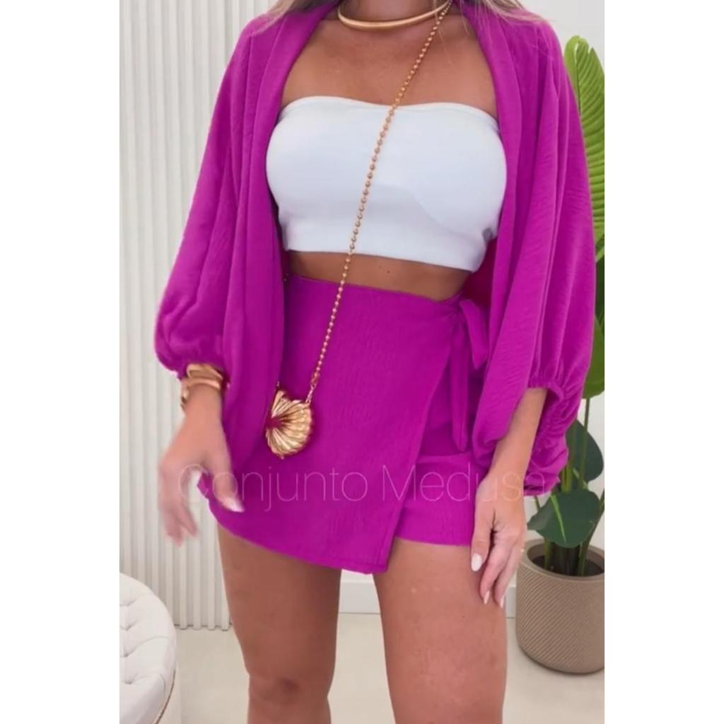 Conjunto  kimono e  shorts saia  preto femenino tecido crepi tamanho 38 a 50 em Oferta na Shopee