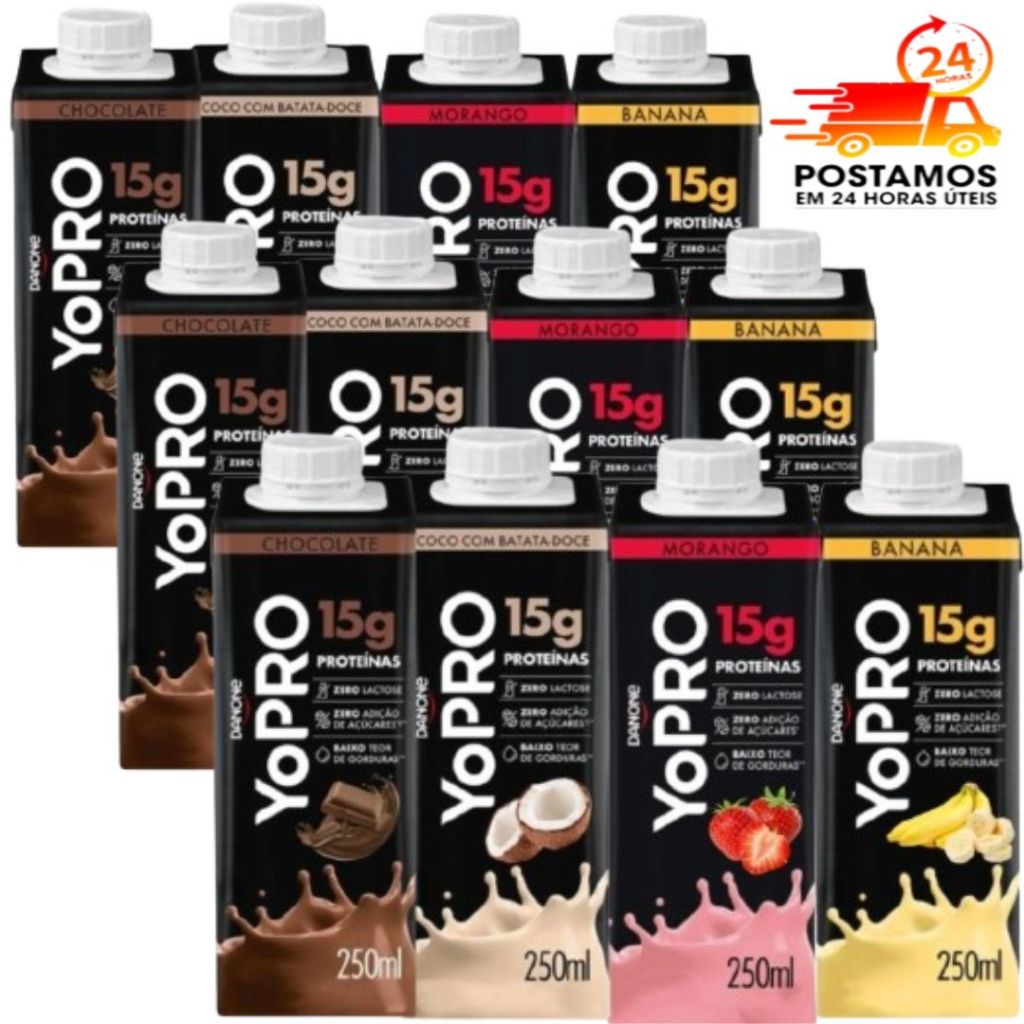 Pack 12 unidades YoPRO bebida láctea UHT 250ml Danone - 15g de proteína Sabores Misto ou Unico