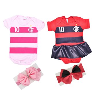 Kit 2 Body Bebê Flamengo Rosa e Saia Menina Torcedor Baby com Laço Time.