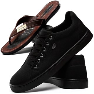 Tenis Casual Masculino em Lona Solado Reto + Chinelo Sandália Danper