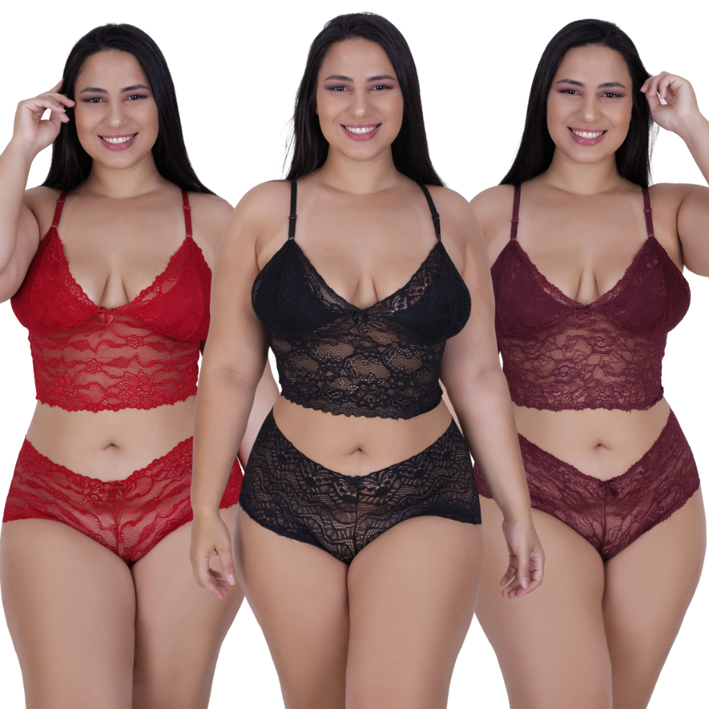 Kit 3 Conjunto Plus Size Caleçon Renda e Cropped  Rendado Lingerie Sexy Kit Sacoleira e Atacado