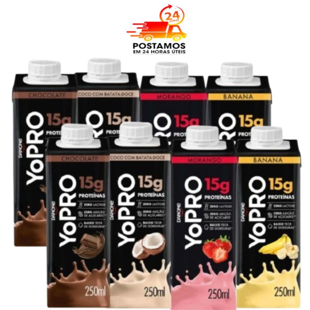 Pack 8 unidades YoPRO bebida láctea UHT 250ml Danone - 15g de proteína Sabores Misto ou Unico