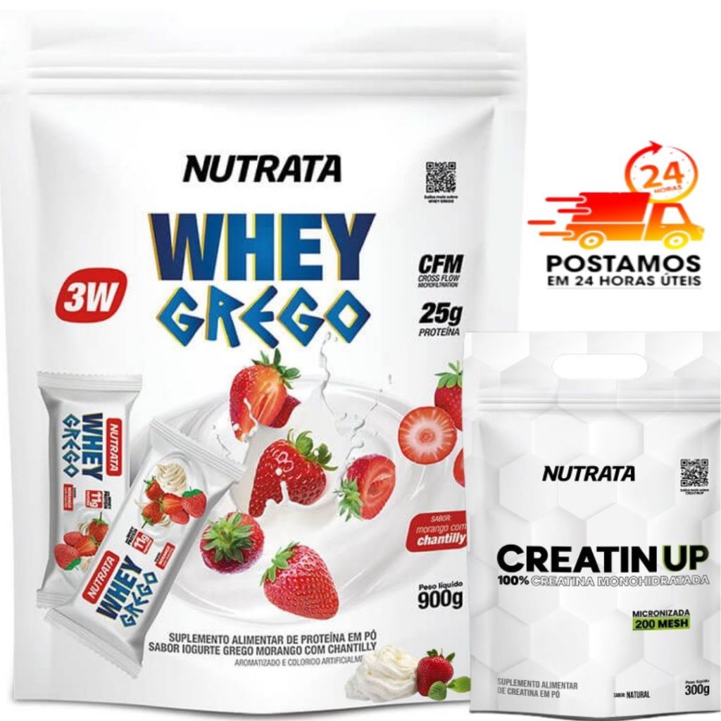 Kit Suplemento Whey Grego 3W Nutrata 900g Creatina 300g Pura Refil Ganho massa muscular força