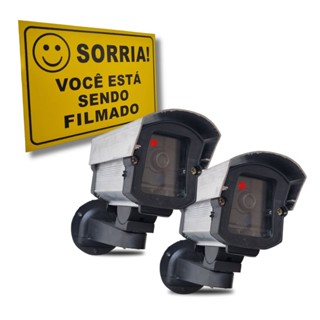 Kit 02 Câmeras Falsas Micro com Led Bivolt + Placa Sorria